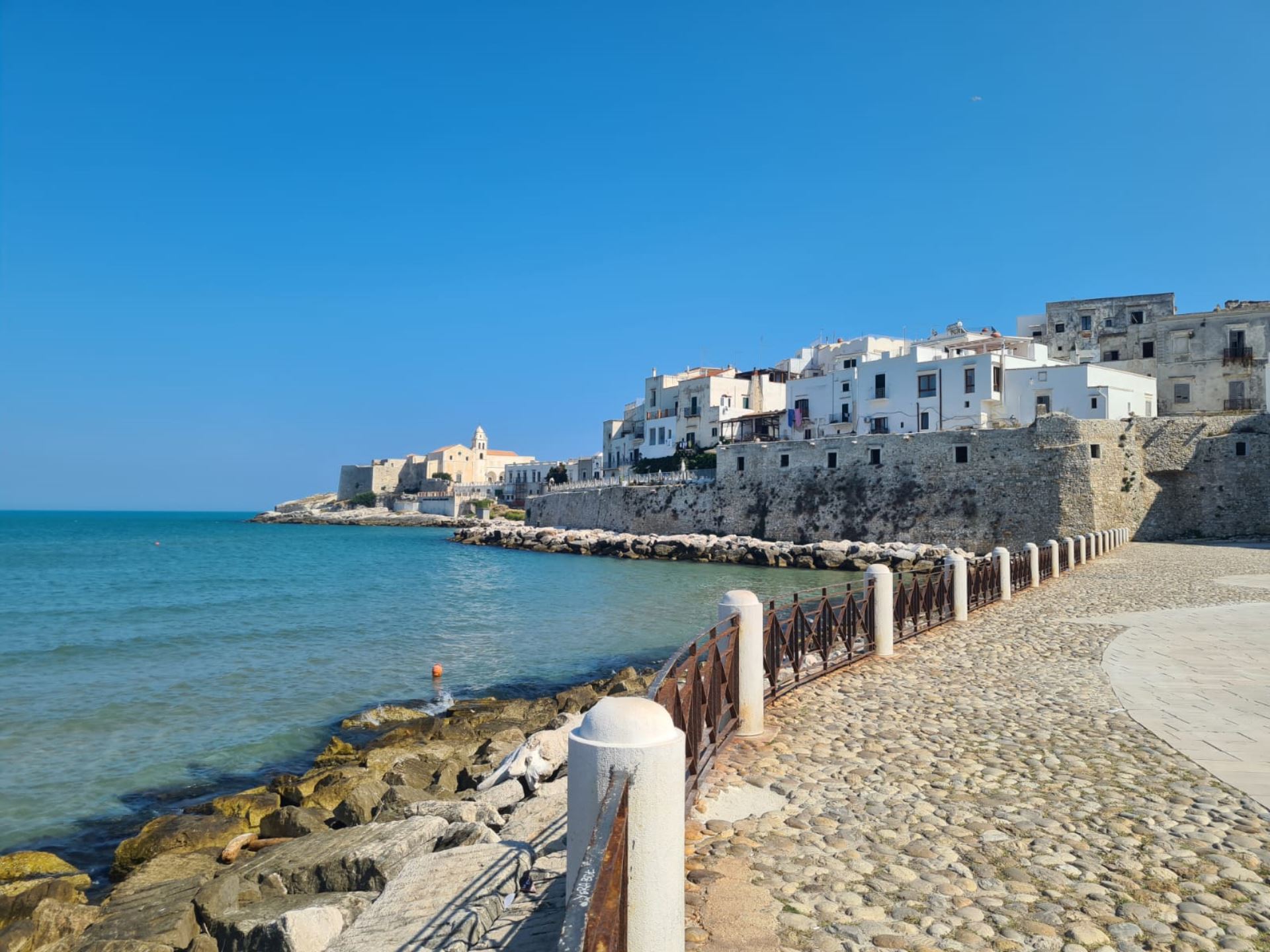 Vista panoramica del centro storico di Vieste con il monolite del Pizzomunno e le acque cristalline del Gargano sullo sfondo